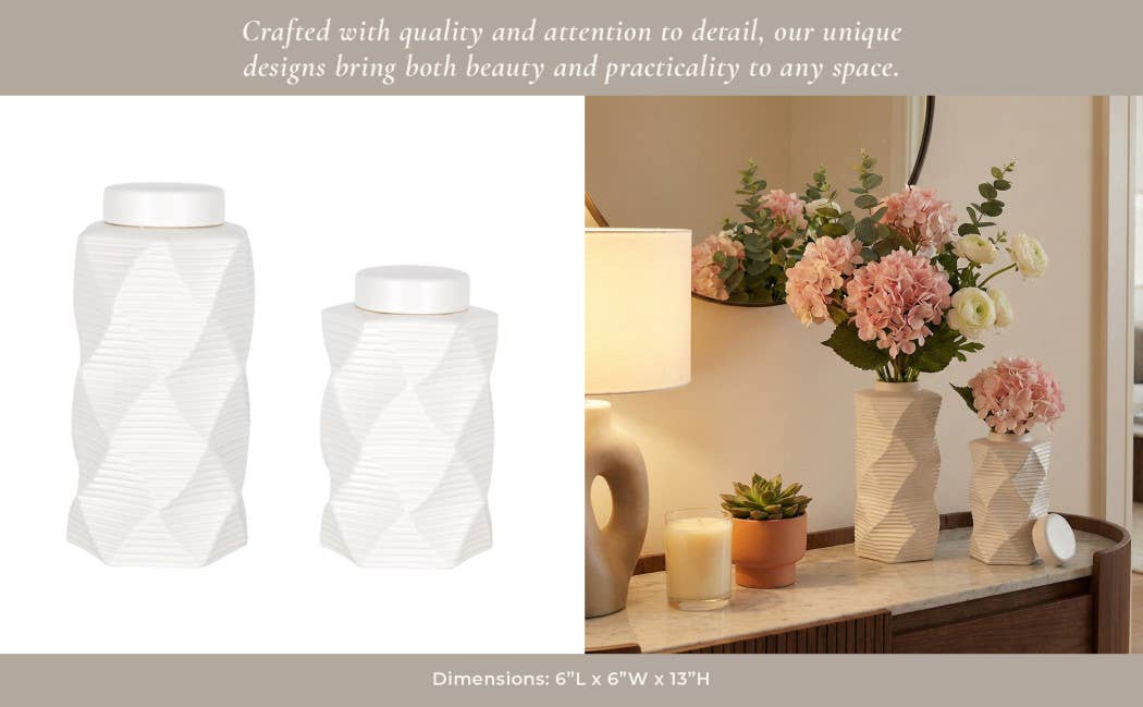 Decorative Jars Set of 2 - White Ceramic Pattern, 10/13 in.