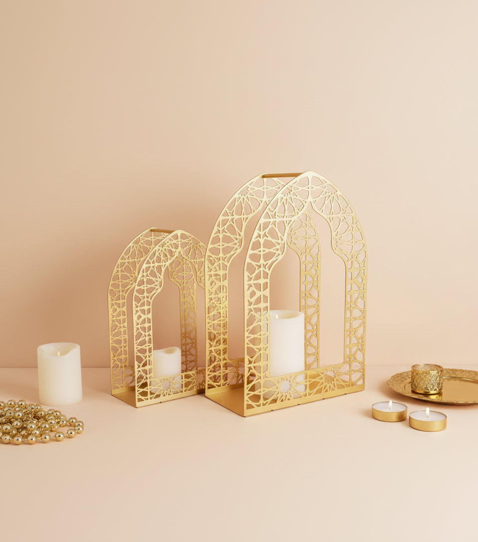 Luxury Gold Arch Candle Holder Set – Islamic Lantern Style Decor