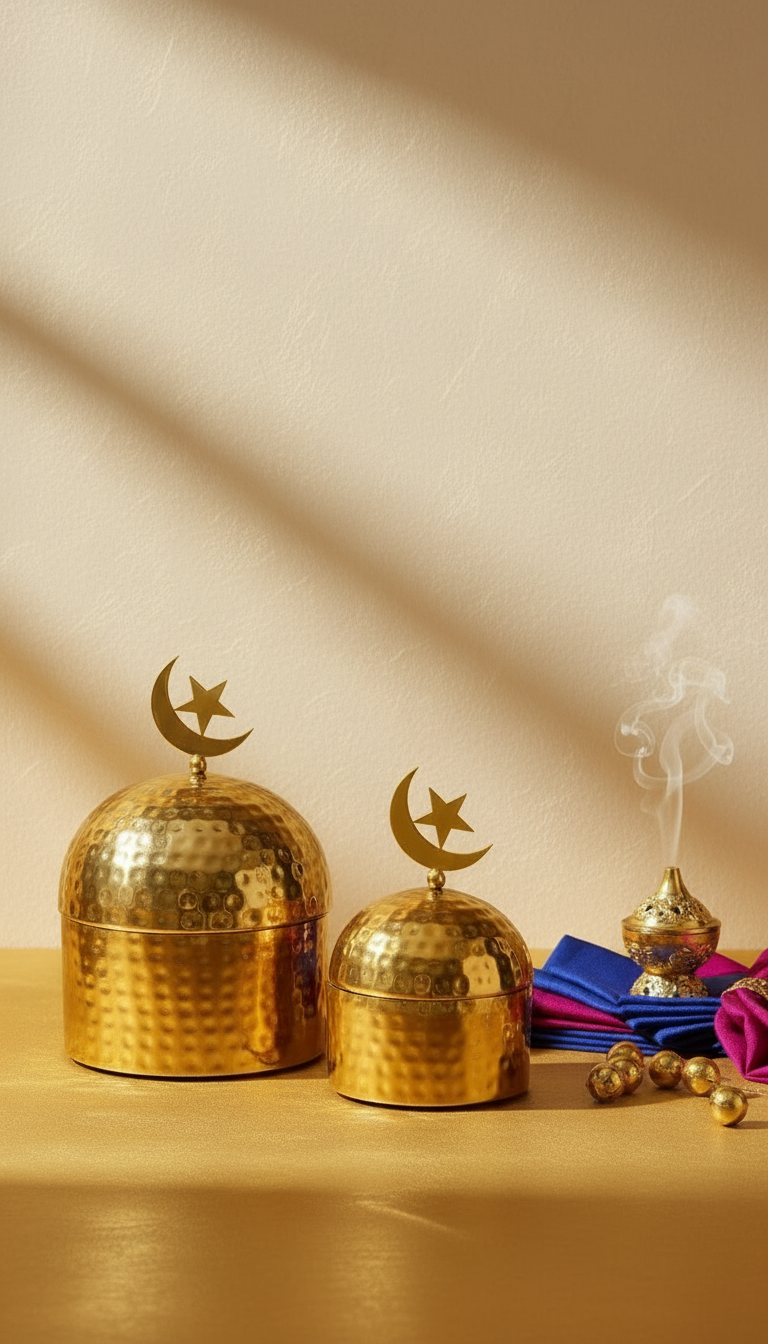 Ivory Metal Ramadan Storage Jar Set with Gold Crescent & Star Lid – Eid Candy & Dates Container Decor