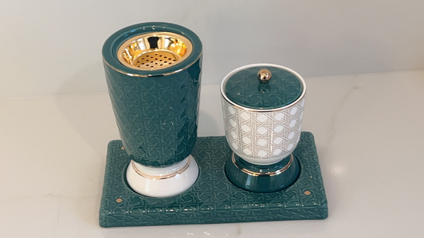 Luxury Textured Incense Burner Green & Gold