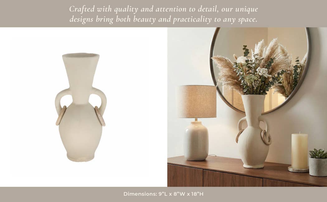 Decorative Vase - Ivory Ceramic Looped Handles, 18 in.