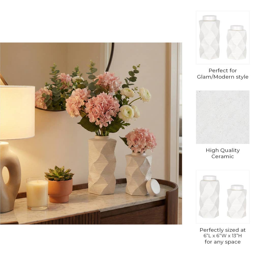 Decorative Jars Set of 2 - White Ceramic Pattern, 10/13 in.