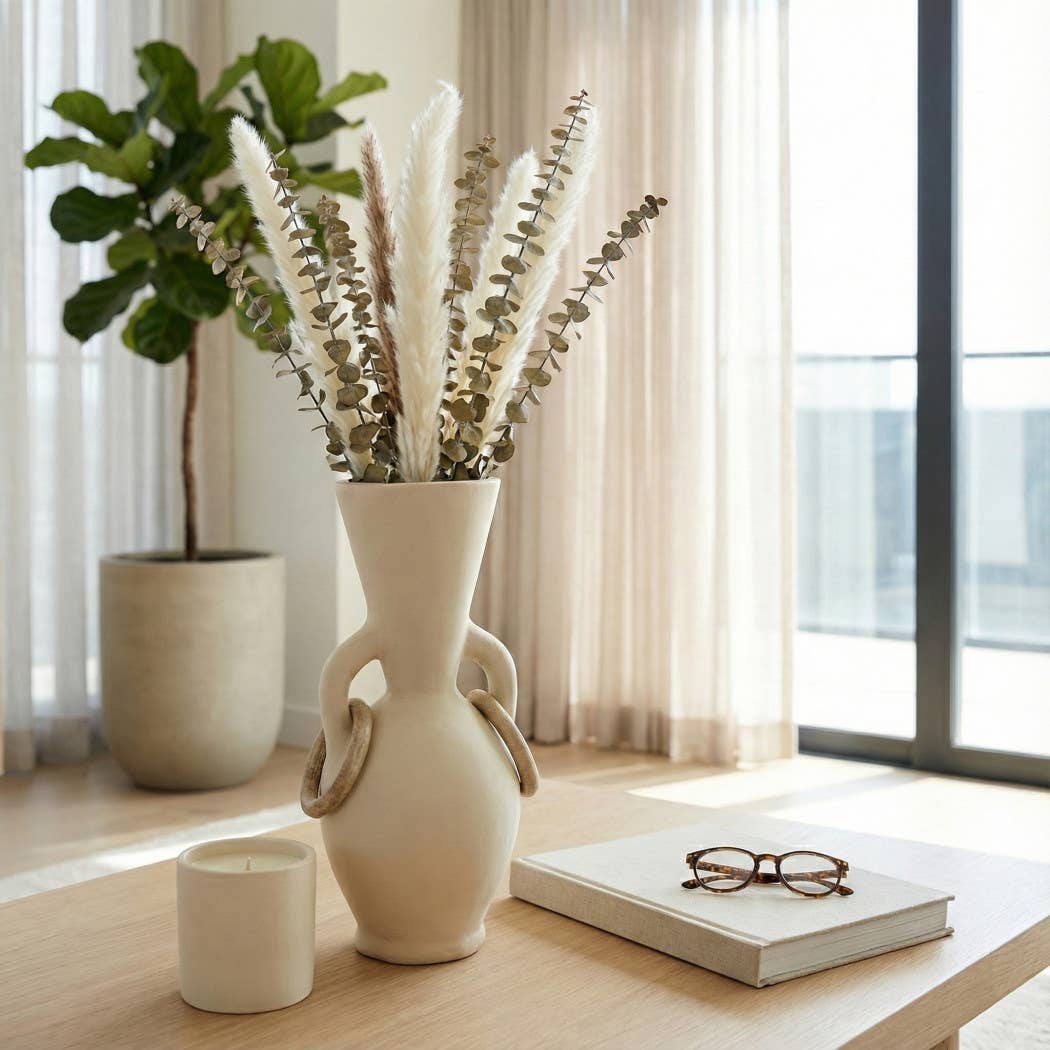 Decorative Vase - Ivory Ceramic Looped Handles, 14 in.