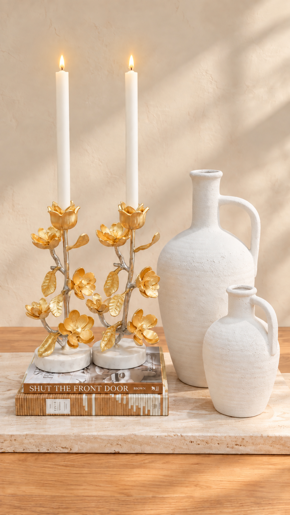 Magnolia Gold Floral Candle Holders, Set of 2