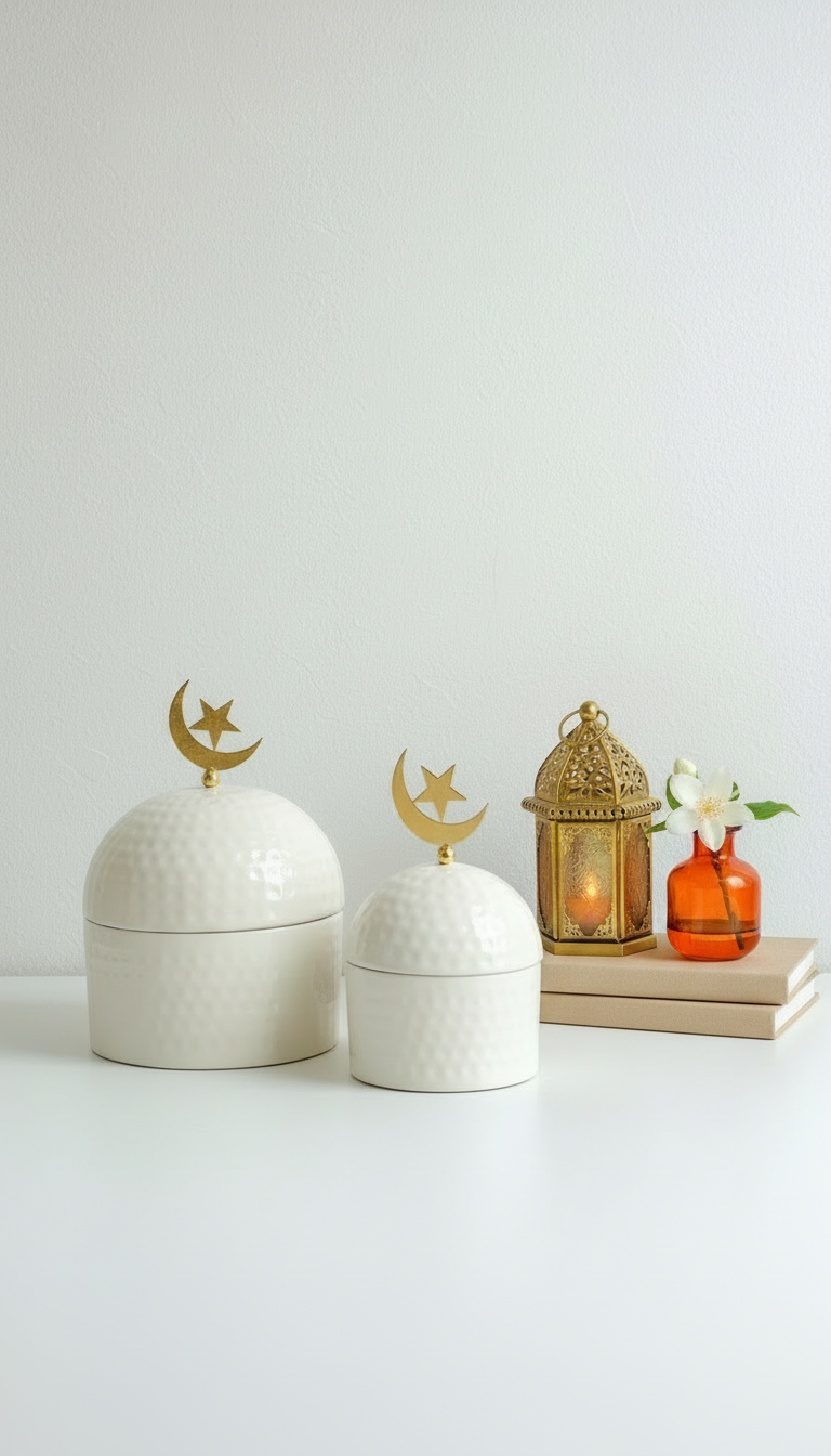 Ivory Metal Ramadan Storage Jar Set with Gold Crescent & Star Lid – Eid Candy & Dates Container Decor