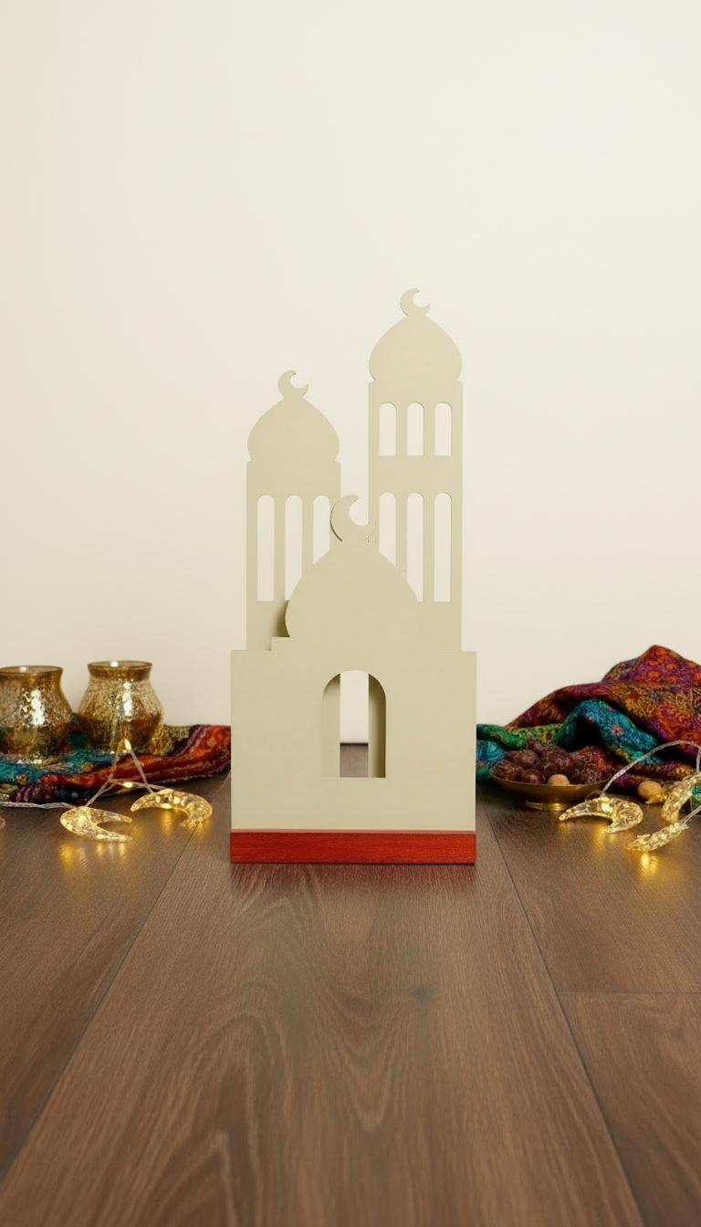 Modern White Mosque Silhouette Decor with Wooden Base – Ramadan & Eid Table Accent