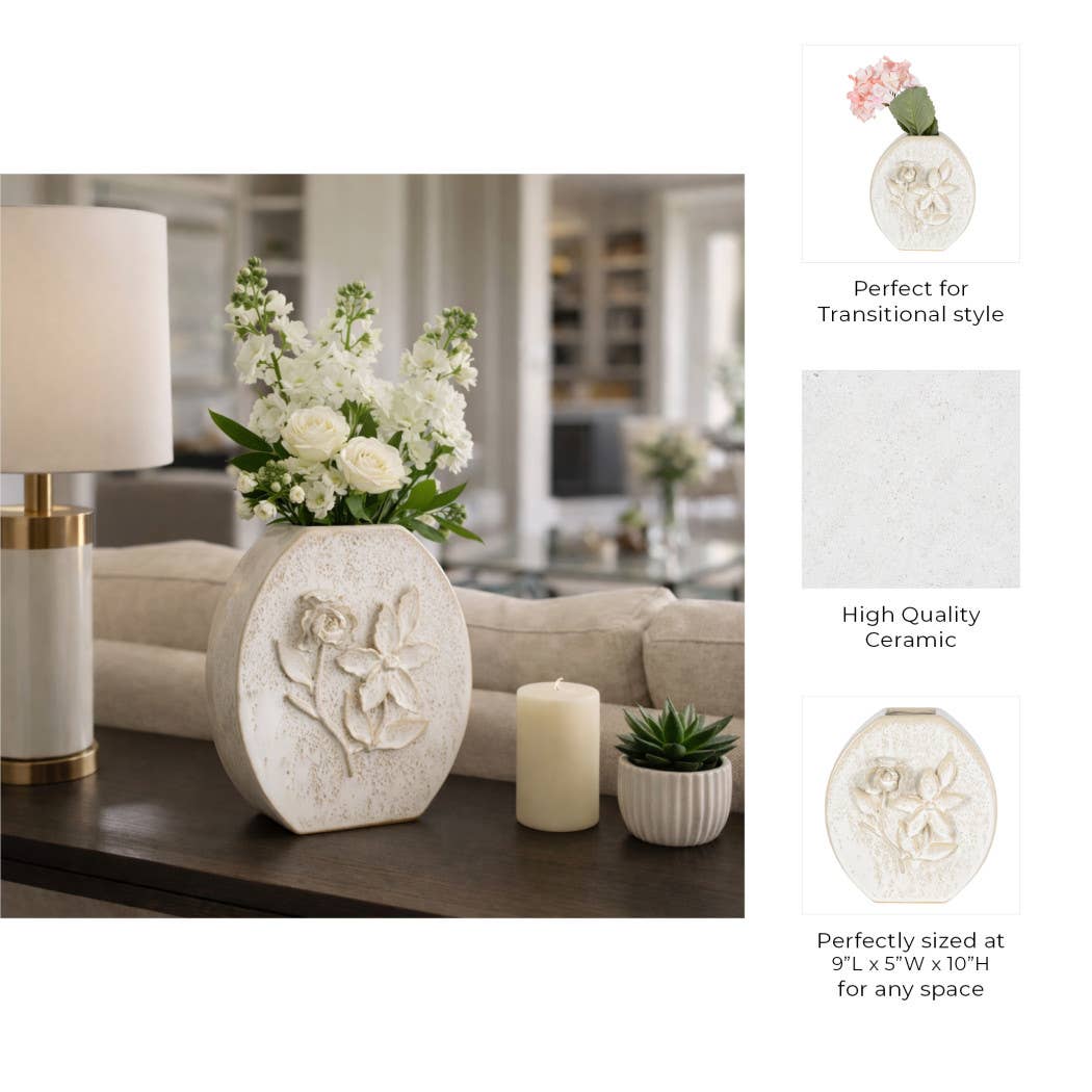 Decorative Vase - White Ceramic Organic Pattern, 10 in.