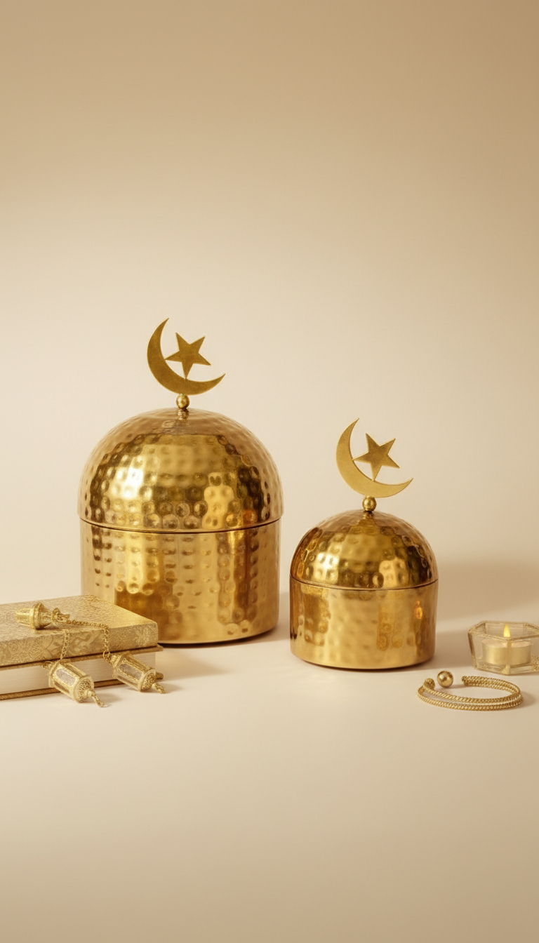 Ivory Metal Ramadan Storage Jar Set with Gold Crescent & Star Lid – Eid Candy & Dates Container Decor