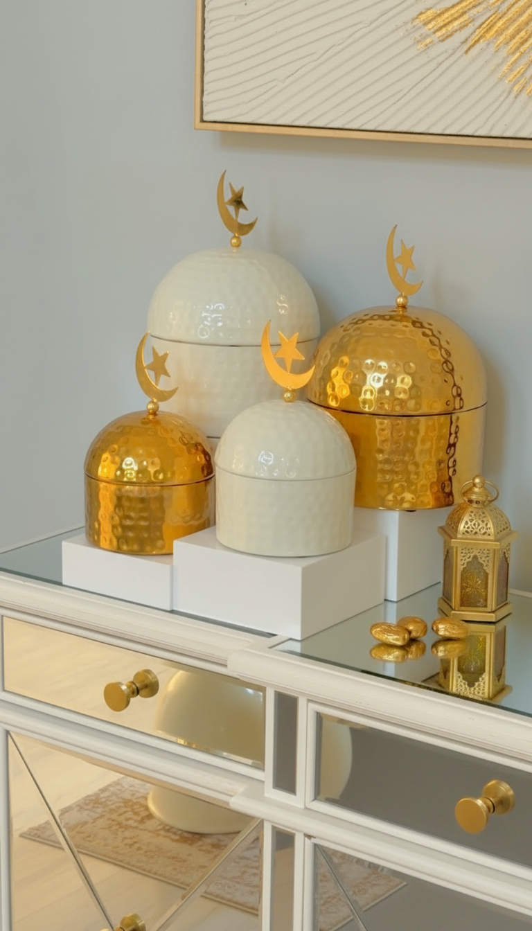Ivory Metal Ramadan Storage Jar Set with Gold Crescent & Star Lid – Eid Candy & Dates Container Decor