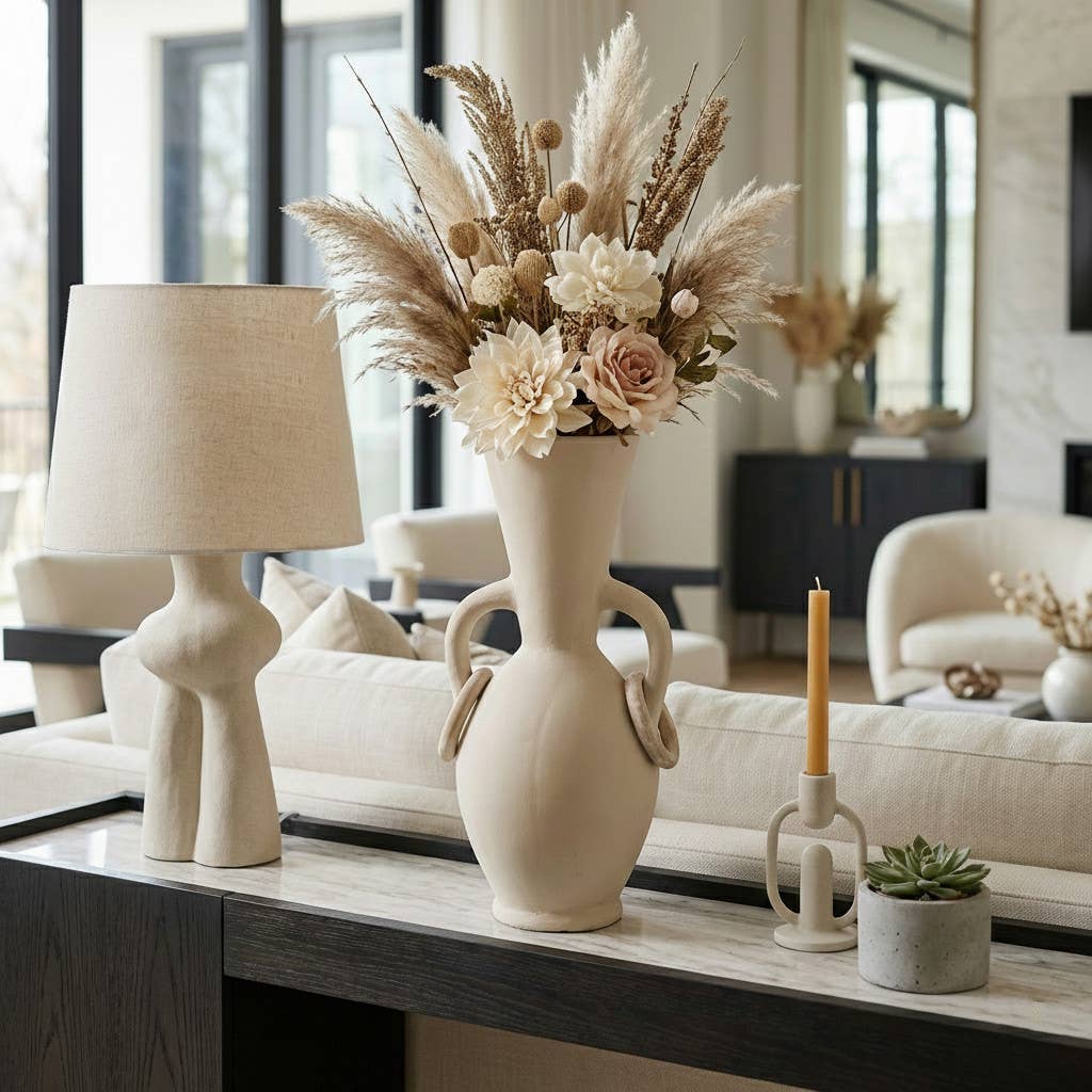 Decorative Vase - Ivory Ceramic Looped Handles, 18 in.