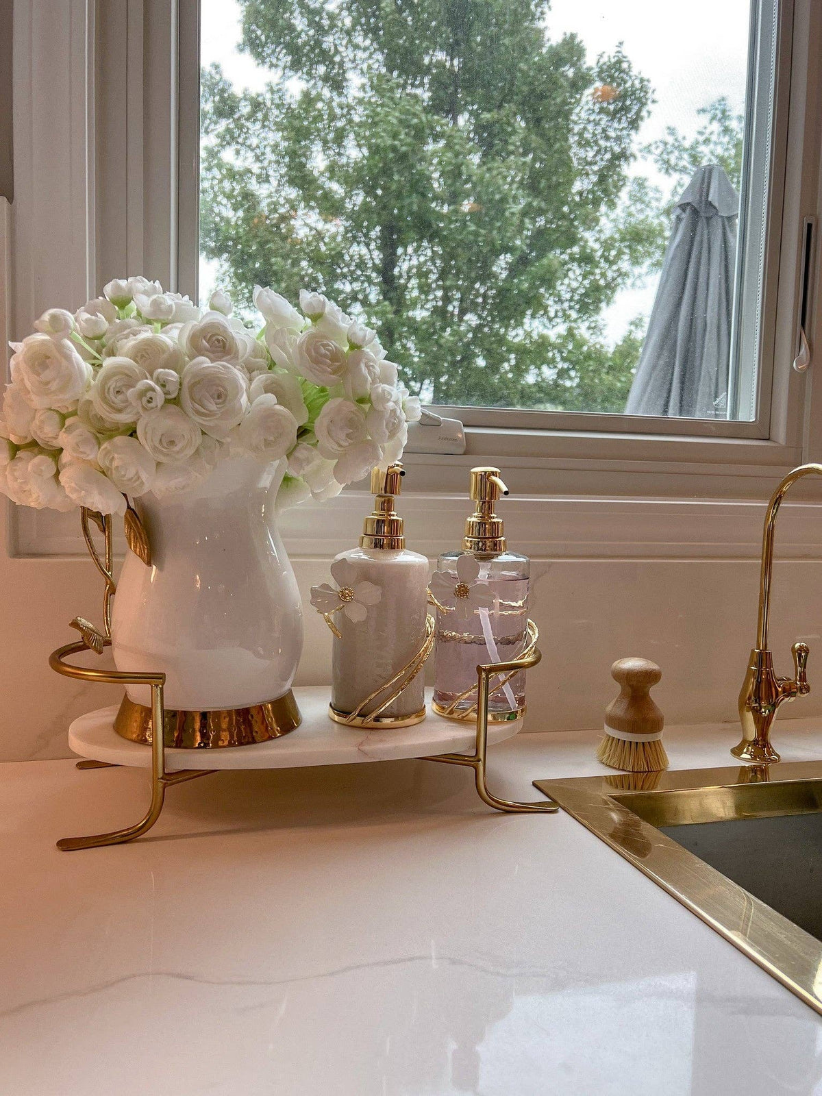 Glass Soap & Lotion Dispenser with Gold Jewel Flower Design