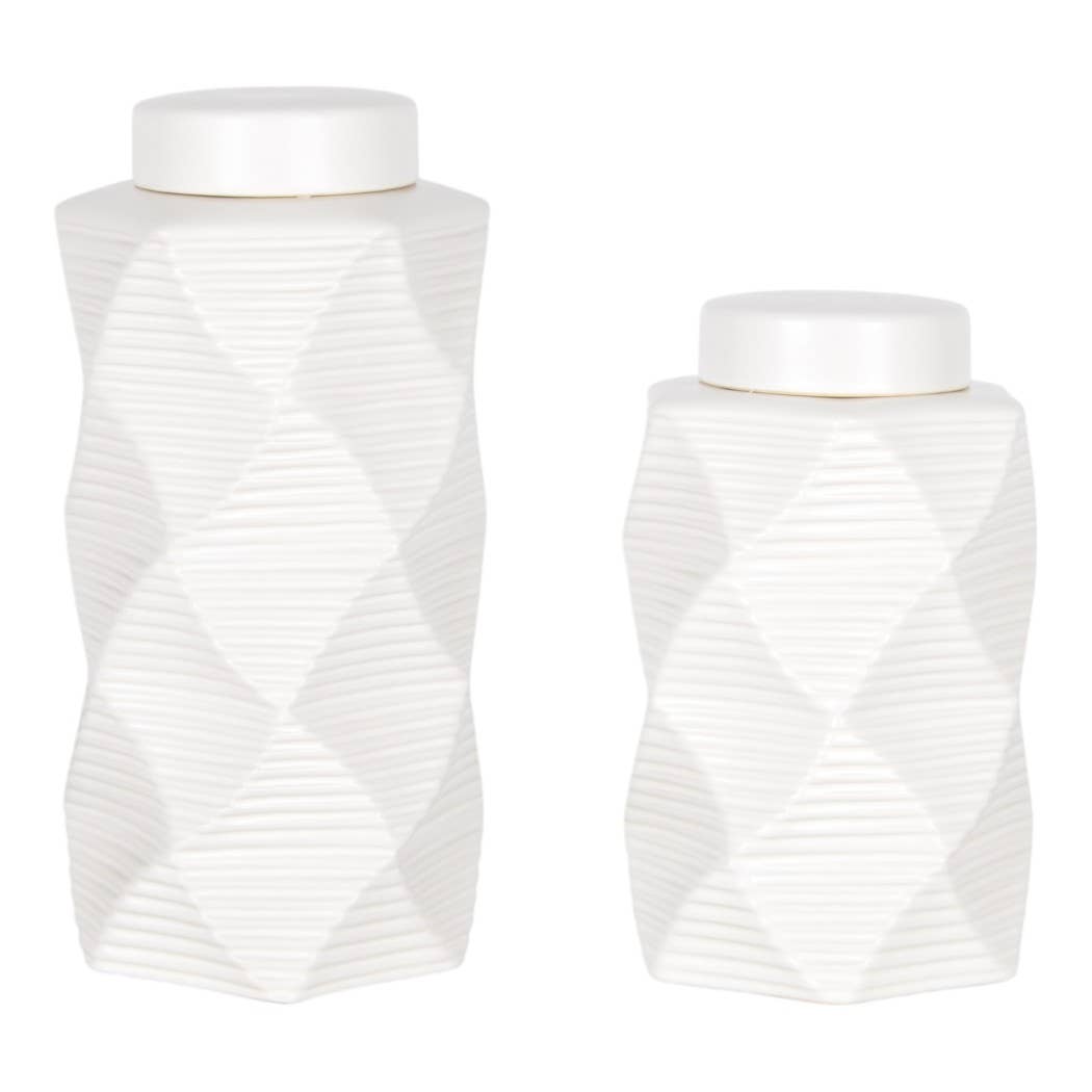 Decorative Jars Set of 2 - White Ceramic Pattern, 10/13 in.