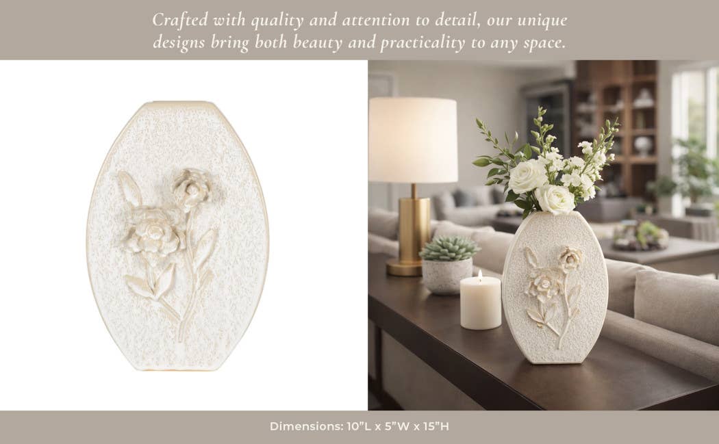 Decorative Vase - White Ceramic Textured Detailing, 15 in.
