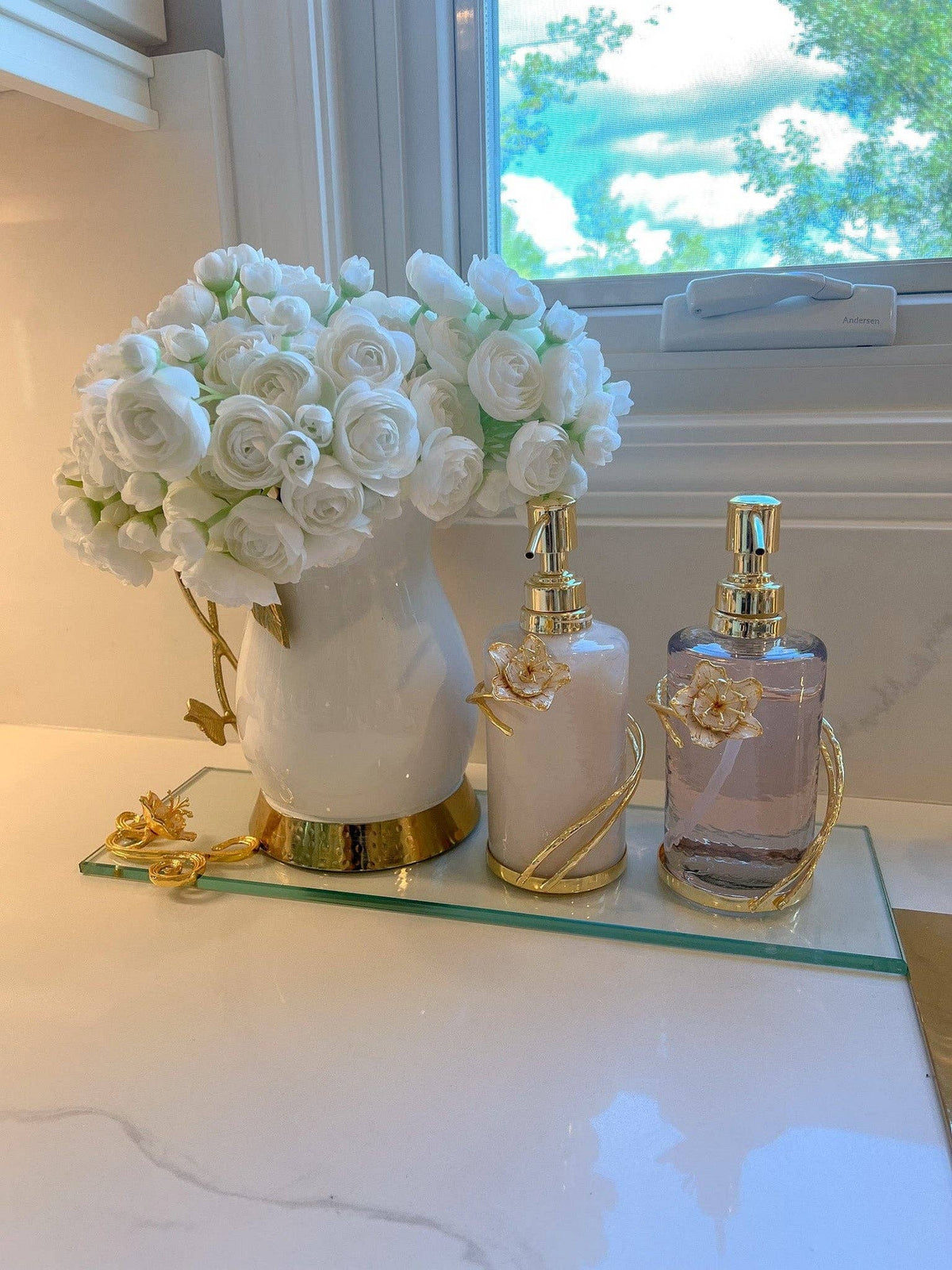 Glass Soap & Lotion Dispenser with Gold Enamel Flower Design