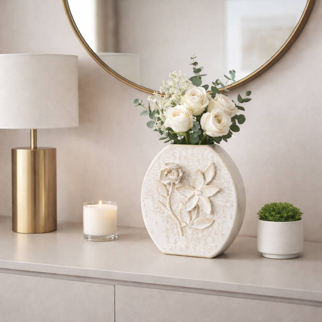Decorative Vase - White Ceramic Organic Pattern, 10 in.