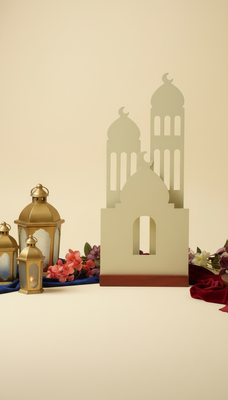 Modern White Mosque Silhouette Decor with Wooden Base – Ramadan & Eid Table Accent