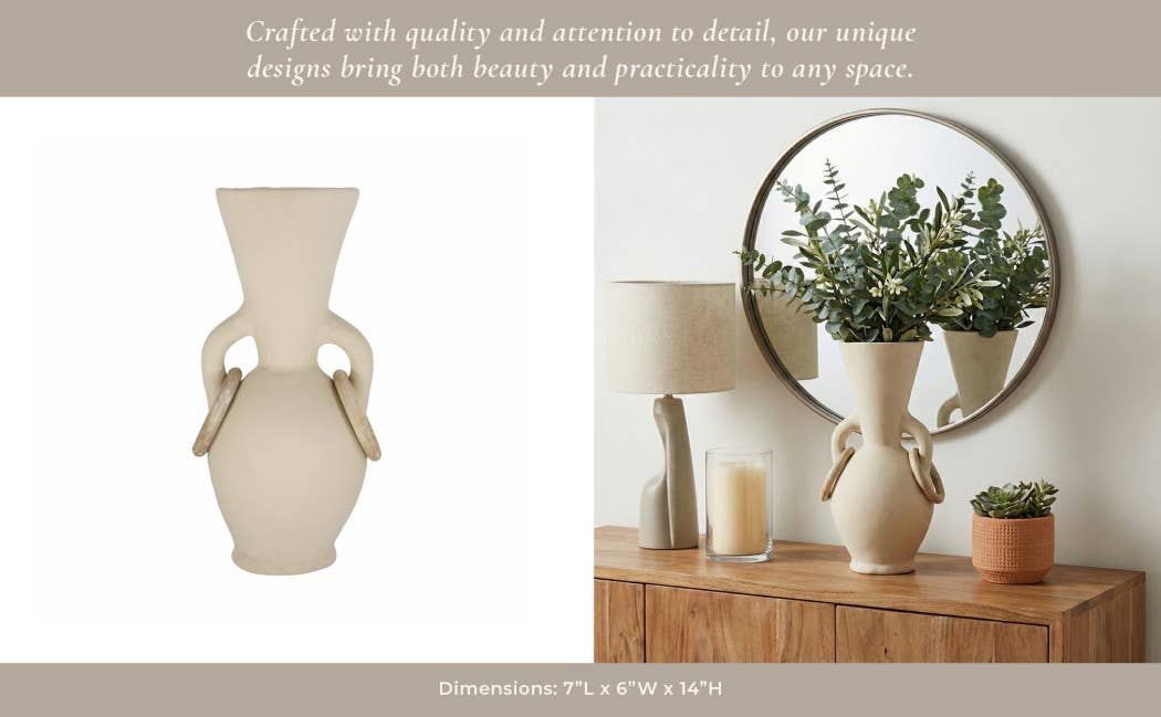 Decorative Vase - Ivory Ceramic Looped Handles, 14 in.