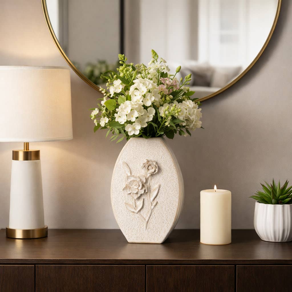 Decorative Vase - White Ceramic Textured Detailing, 15 in.