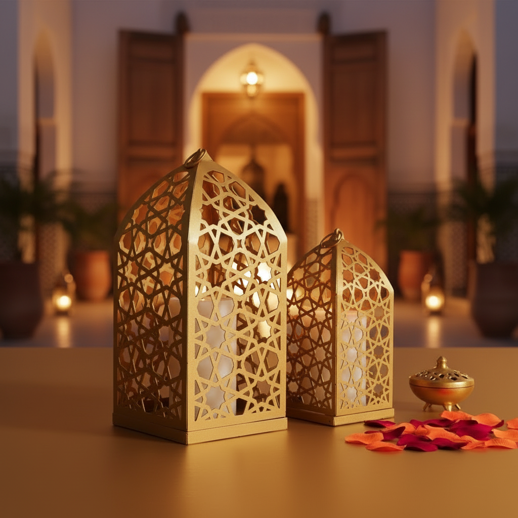 Luxury Gold Ramadan Lantern Set – Islamic Metal Candle Holders for Eid & Home Decor