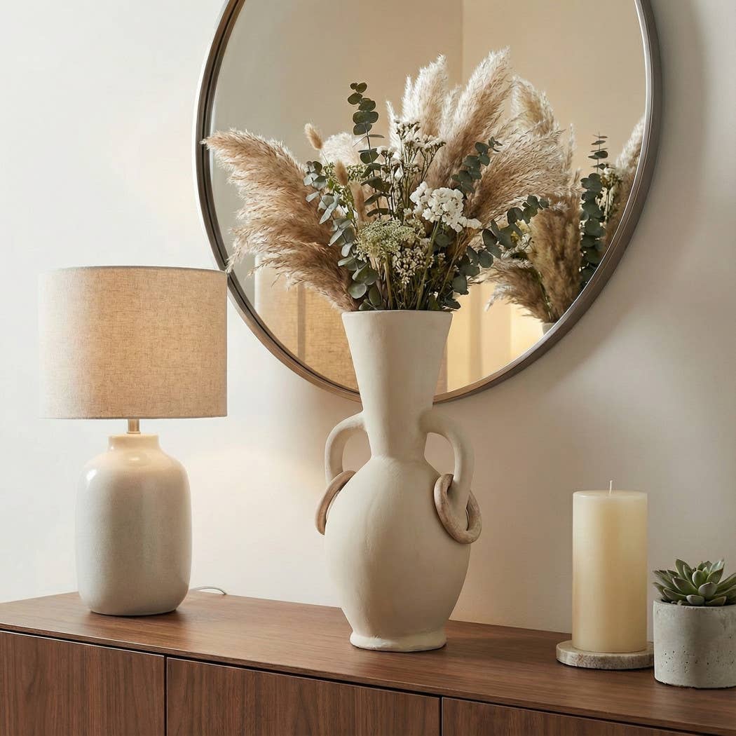 Decorative Vase - Ivory Ceramic Looped Handles, 18 in.