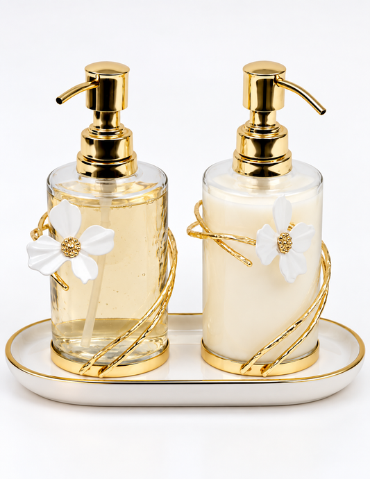 Glass Soap & Lotion Dispenser with Gold Jewel Flower Design