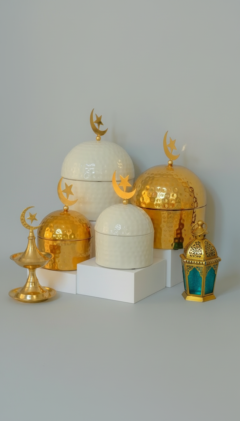 Ivory Metal Ramadan Storage Jar Set with Gold Crescent & Star Lid – Eid Candy & Dates Container Decor