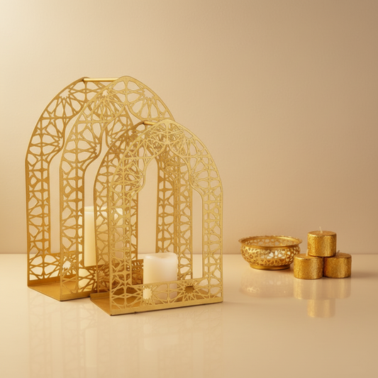 Luxury Gold Arch Candle Holder Set – Islamic Lantern Style Decor