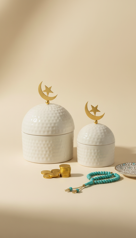 Ivory Metal Ramadan Storage Jar Set with Gold Crescent & Star Lid – Eid Candy & Dates Container Decor