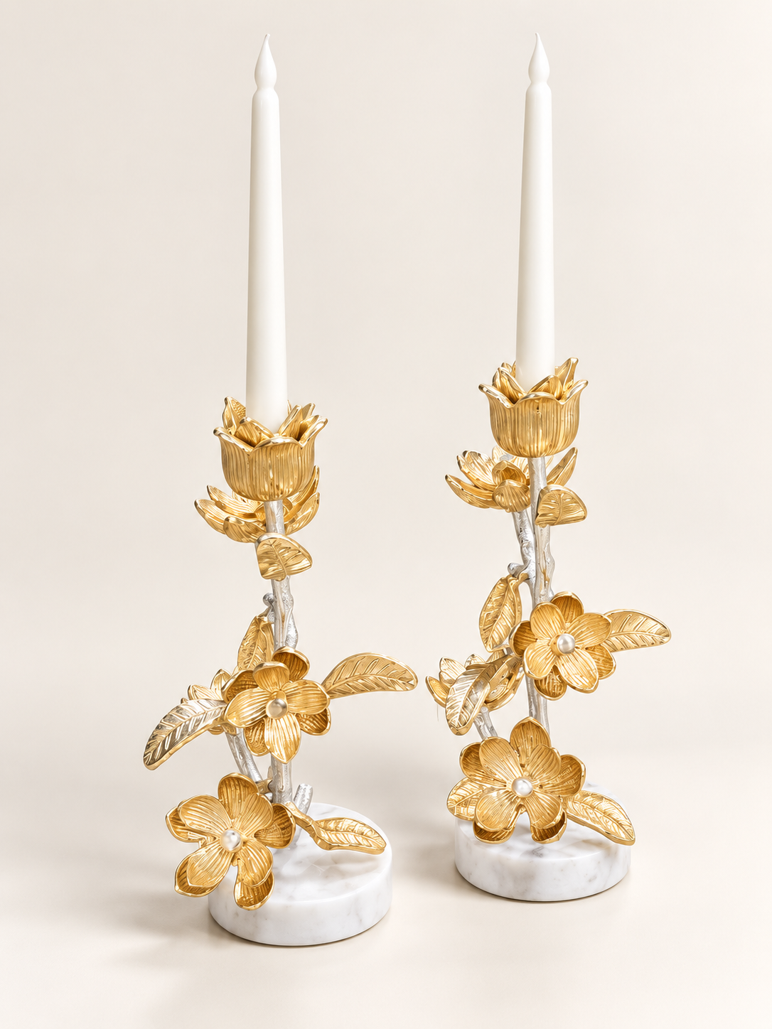 Magnolia Gold Floral Candle Holders, Set of 2