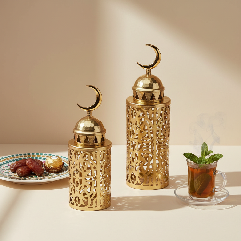 Gold Ramadan Lantern Set | Luxury Islamic Metal Lanterns with Crescent Moon | Eid Home Décor | Iftar Table & Mantel Styling