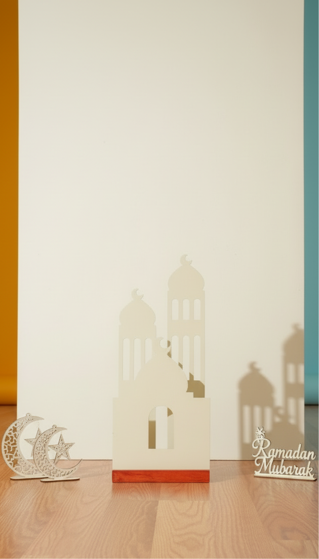 Modern White Mosque Silhouette Decor with Wooden Base – Ramadan & Eid Table Accent