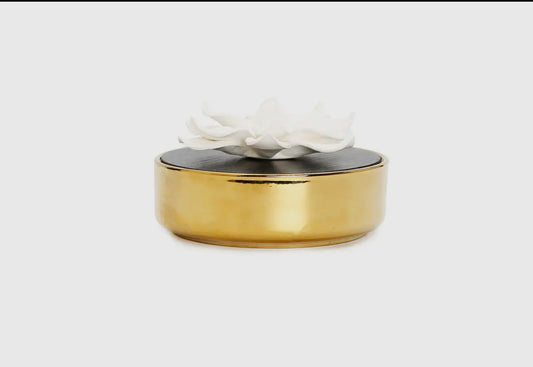 Gold Hemispheric Shape Diffuser
Black Lid/White Flower