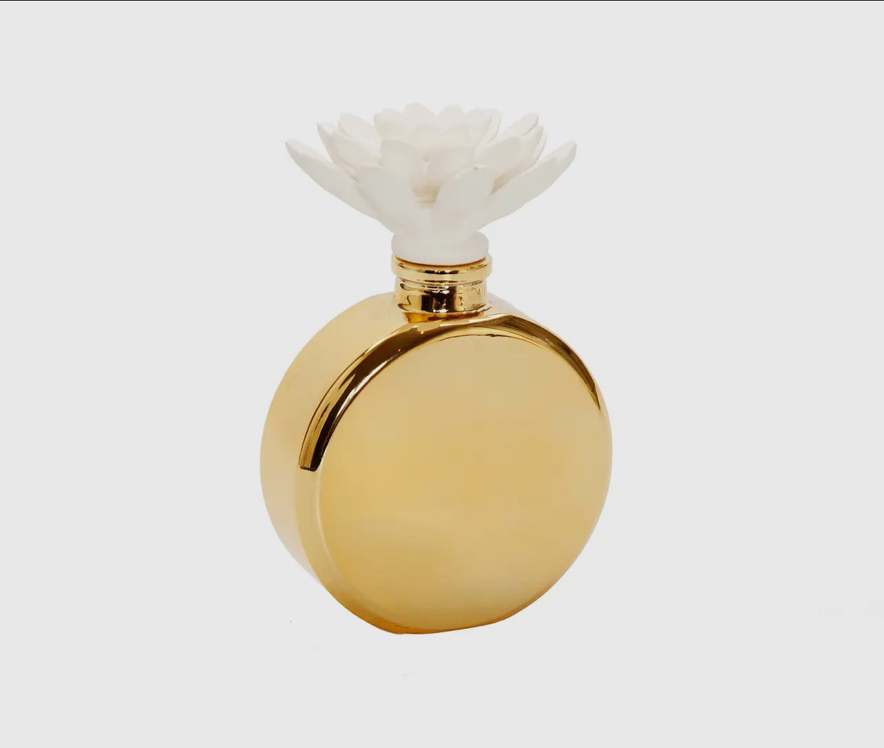 Gold Bottle Diffuser with White Flower, "Iris & Rose"