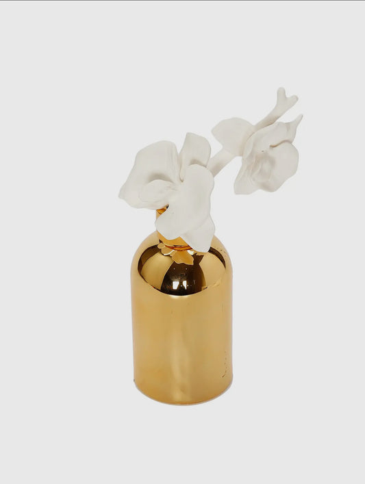 Gold Bottle Diffuser with Gold Cap/ White Flower