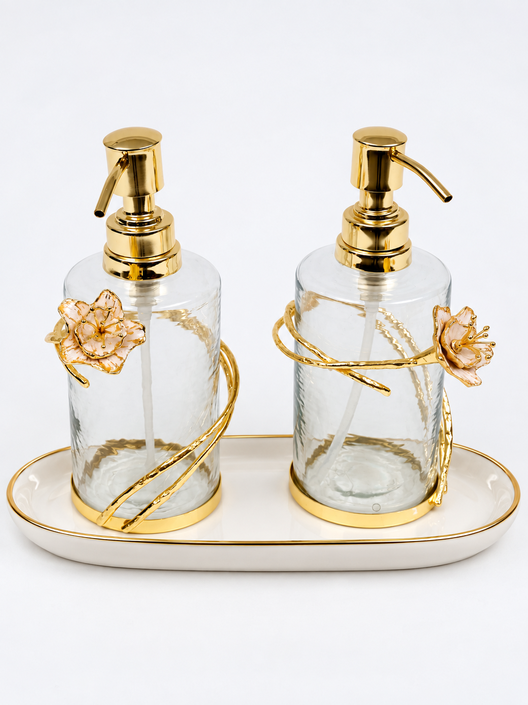 Glass Soap & Lotion Dispenser with Gold Enamel Flower Design