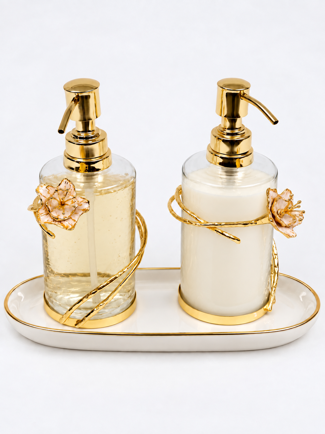 Glass Soap & Lotion Dispenser with Gold Enamel Flower Design