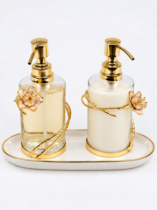 Glass Soap & Lotion Dispenser with Gold Enamel Flower Design
