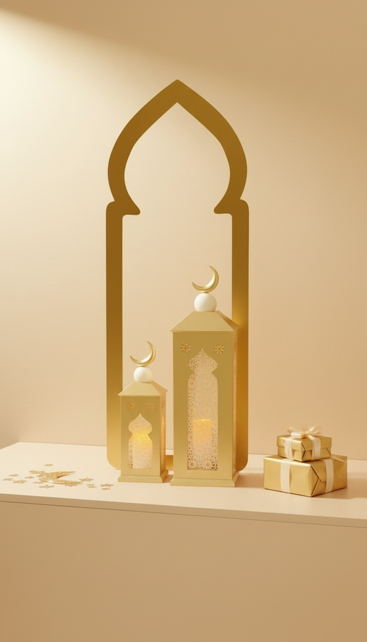 Luxury Ramadan Lantern Decor Set | Gold & White Islamic Arch Display | Elegant Eid Home Styling