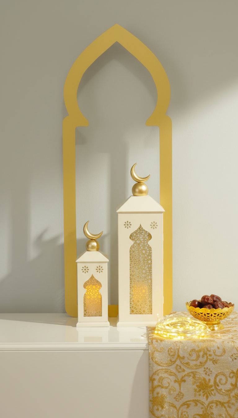 Luxury Ramadan Lantern Decor Set | Gold & White Islamic Arch Display | Elegant Eid Home Styling