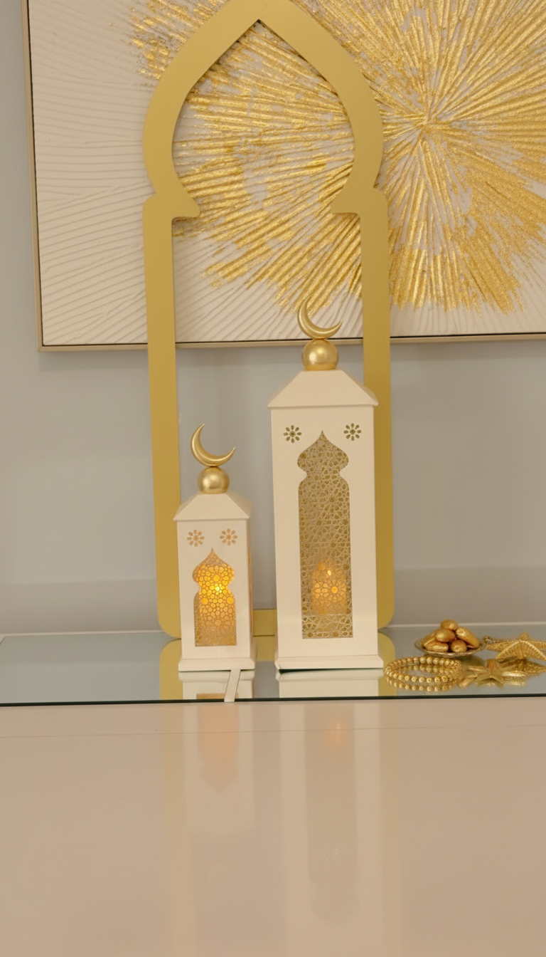 Luxury Ramadan Lantern Decor Set | Gold & White Islamic Arch Display | Elegant Eid Home Styling
