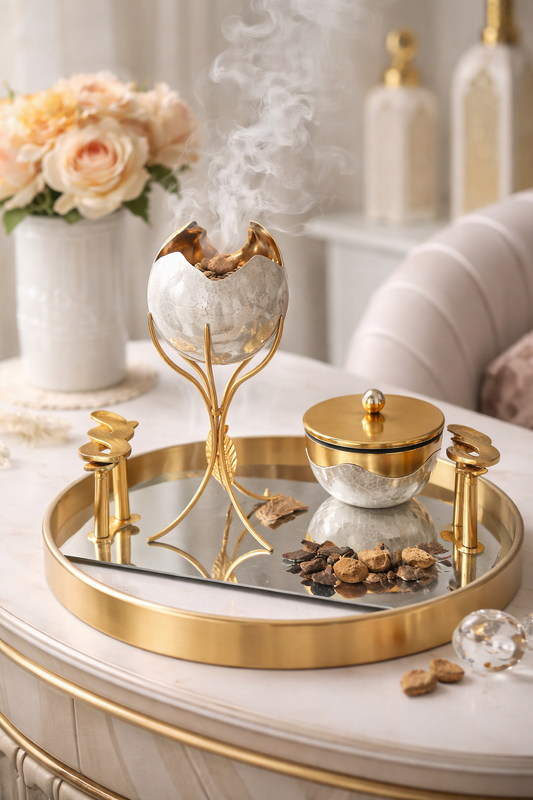Luxury Gold Bakhoor Burner Set with Tray | Oud Incense Burner | Home Fragrance Decor