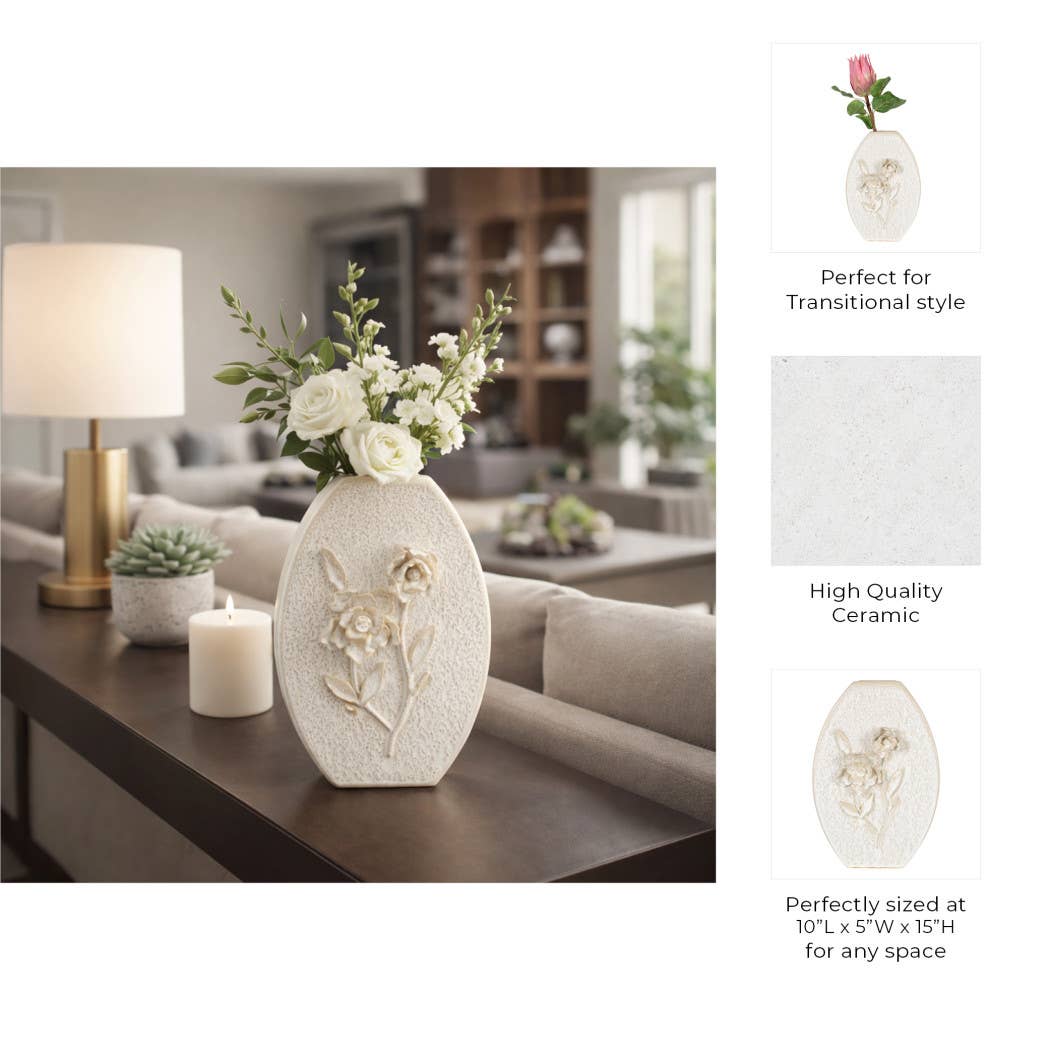 Decorative Vase - White Ceramic Textured Detailing, 15 in.