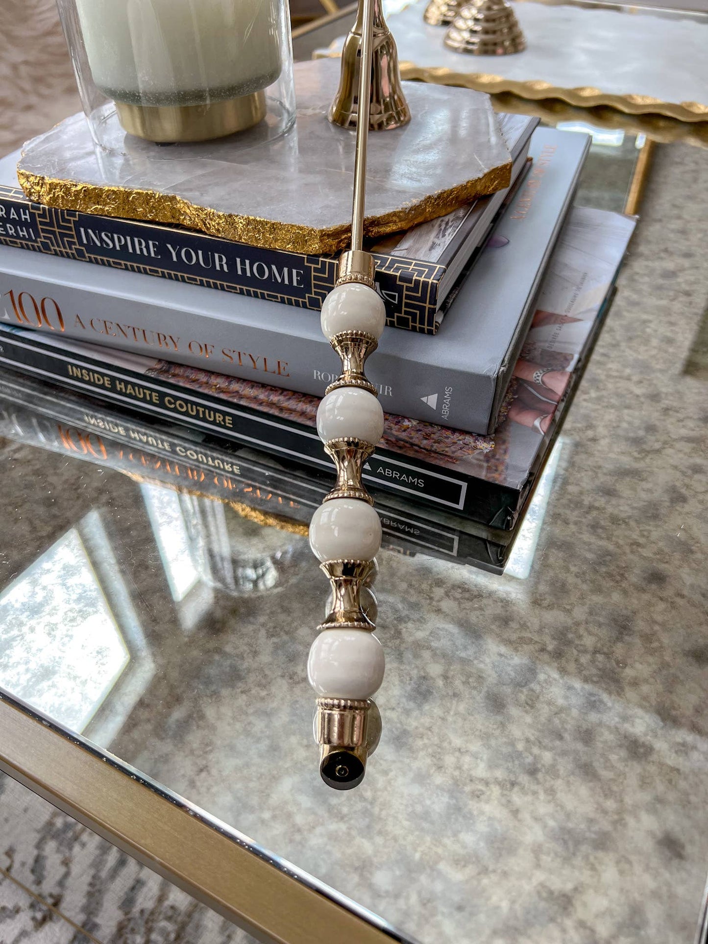 Gold Candle Snuffer White and Gold Beaded Handle