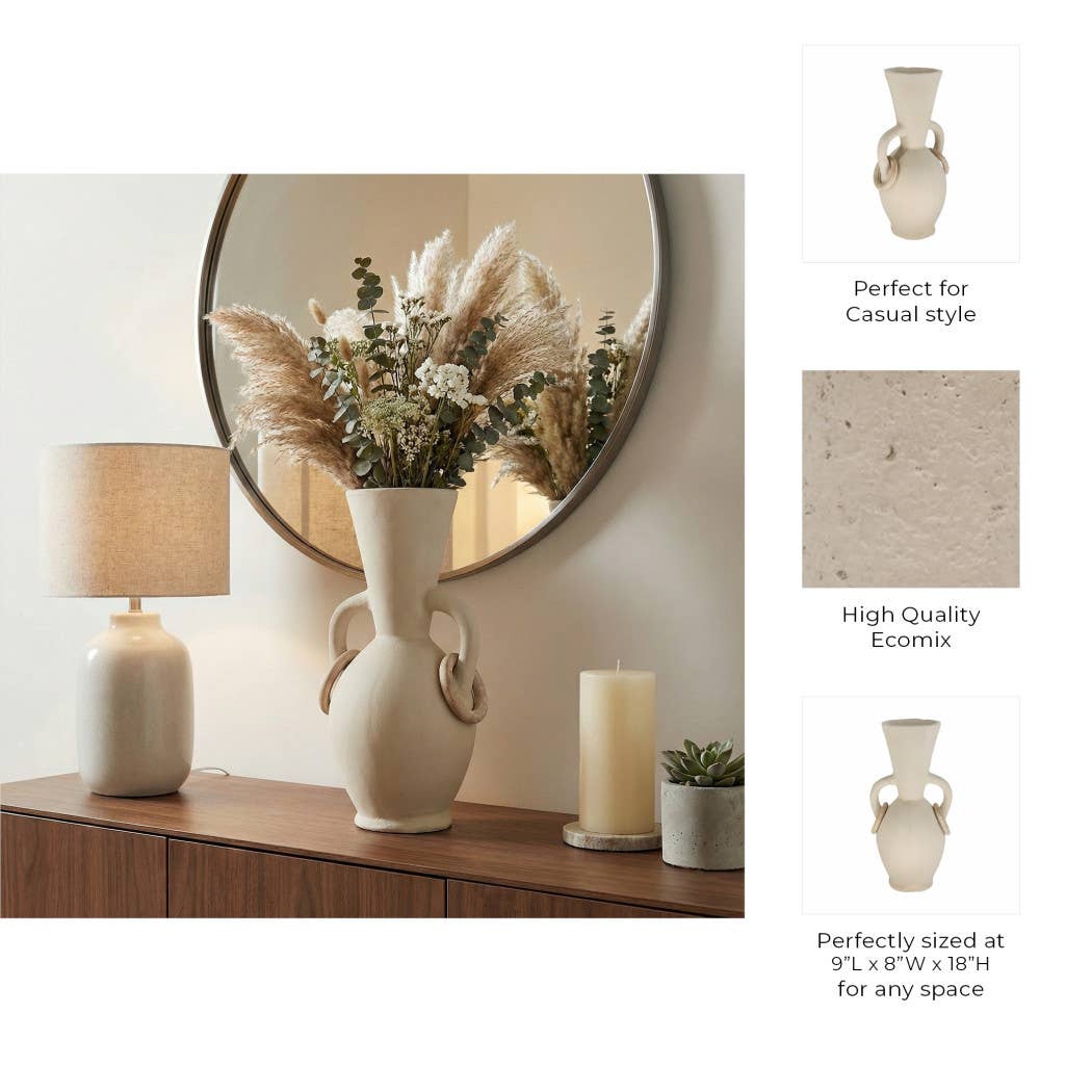 Decorative Vase - Ivory Ceramic Looped Handles, 18 in.