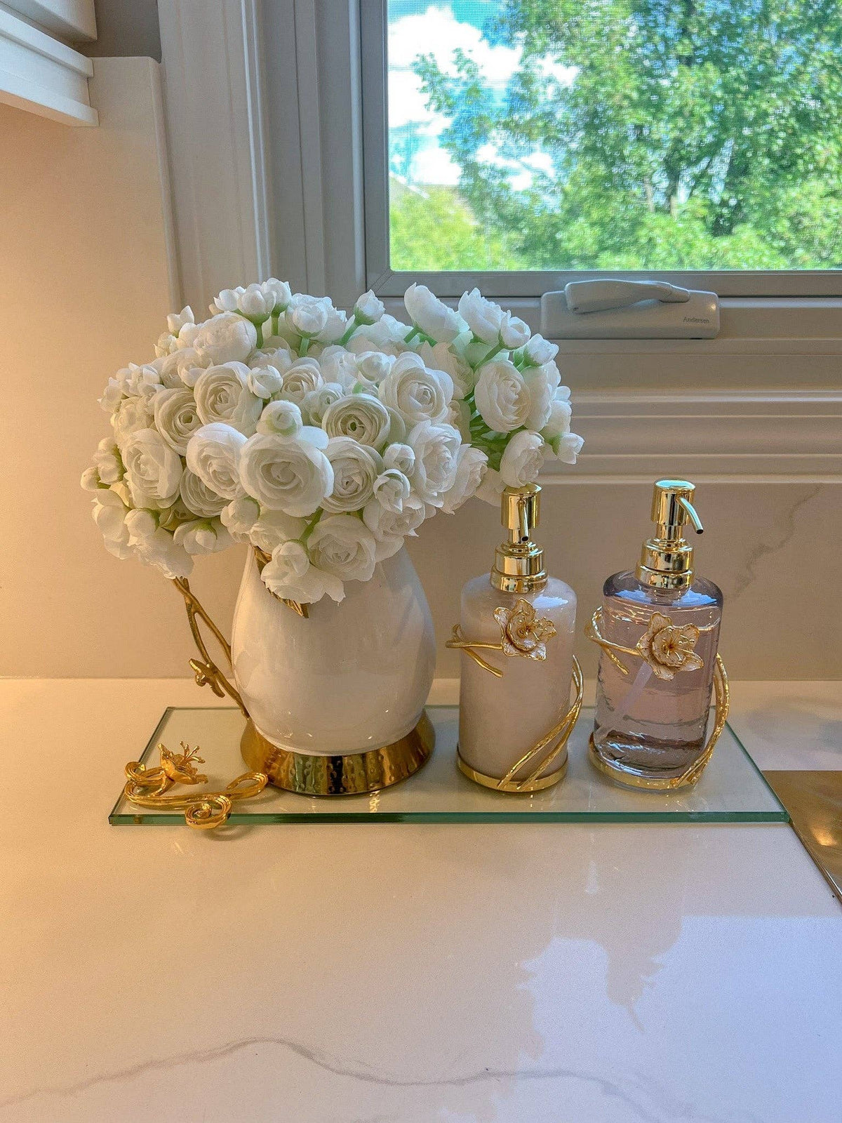Glass Soap & Lotion Dispenser with Gold Enamel Flower Design
