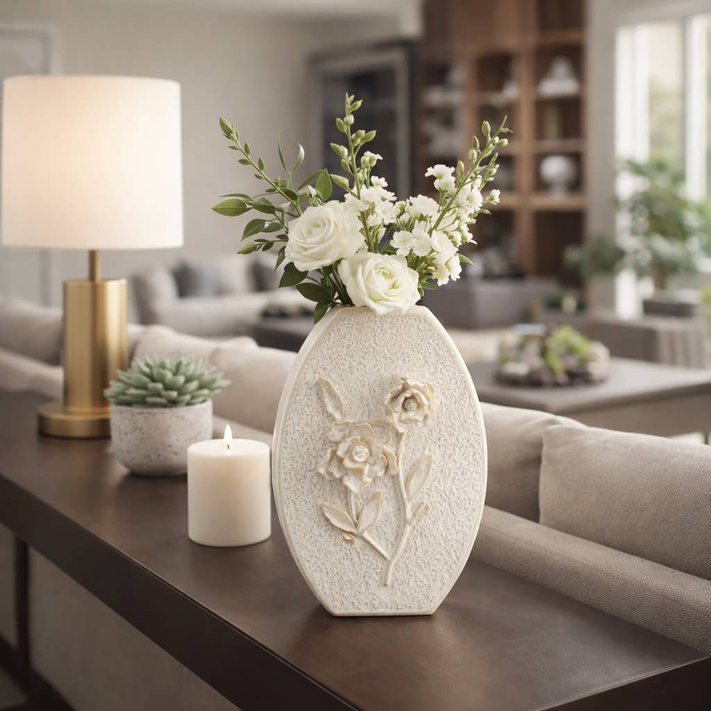 Decorative Vase - White Ceramic Textured Detailing, 15 in.