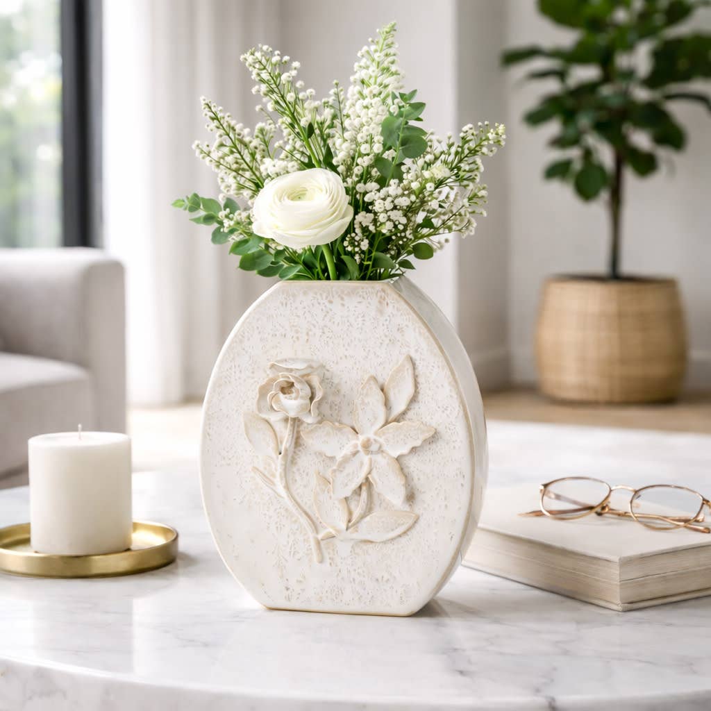 Decorative Vase - White Ceramic Organic Pattern, 10 in.