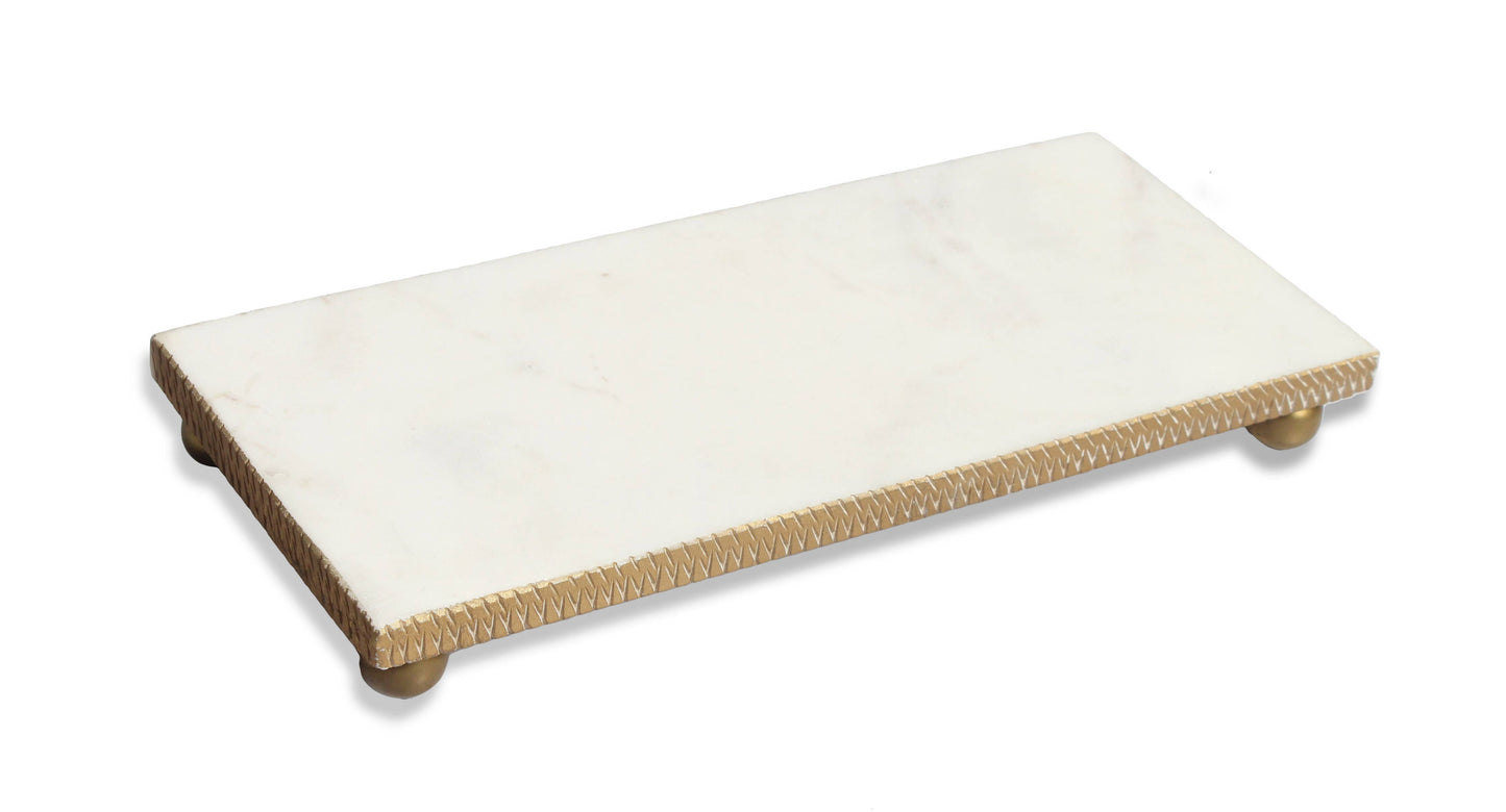 White Marble Oblong Tray With Gold Beaded Edge 14" x 6"
