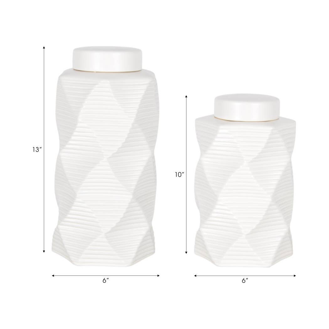 Decorative Jars Set of 2 - White Ceramic Pattern, 10/13 in.