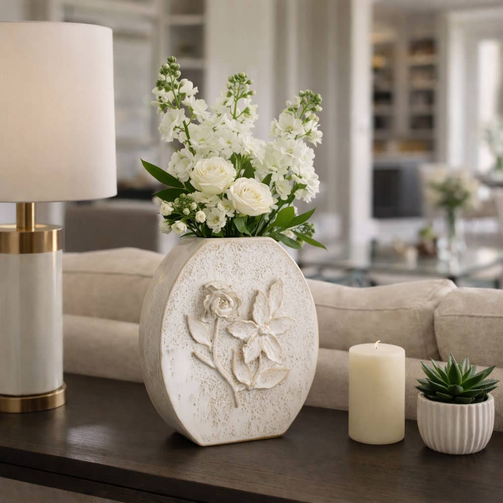 Decorative Vase - White Ceramic Organic Pattern, 10 in.